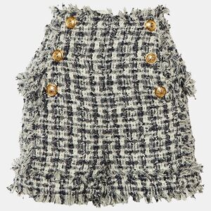 Balmain Navy Blue /white Tweed Frayed Hem Shorts M